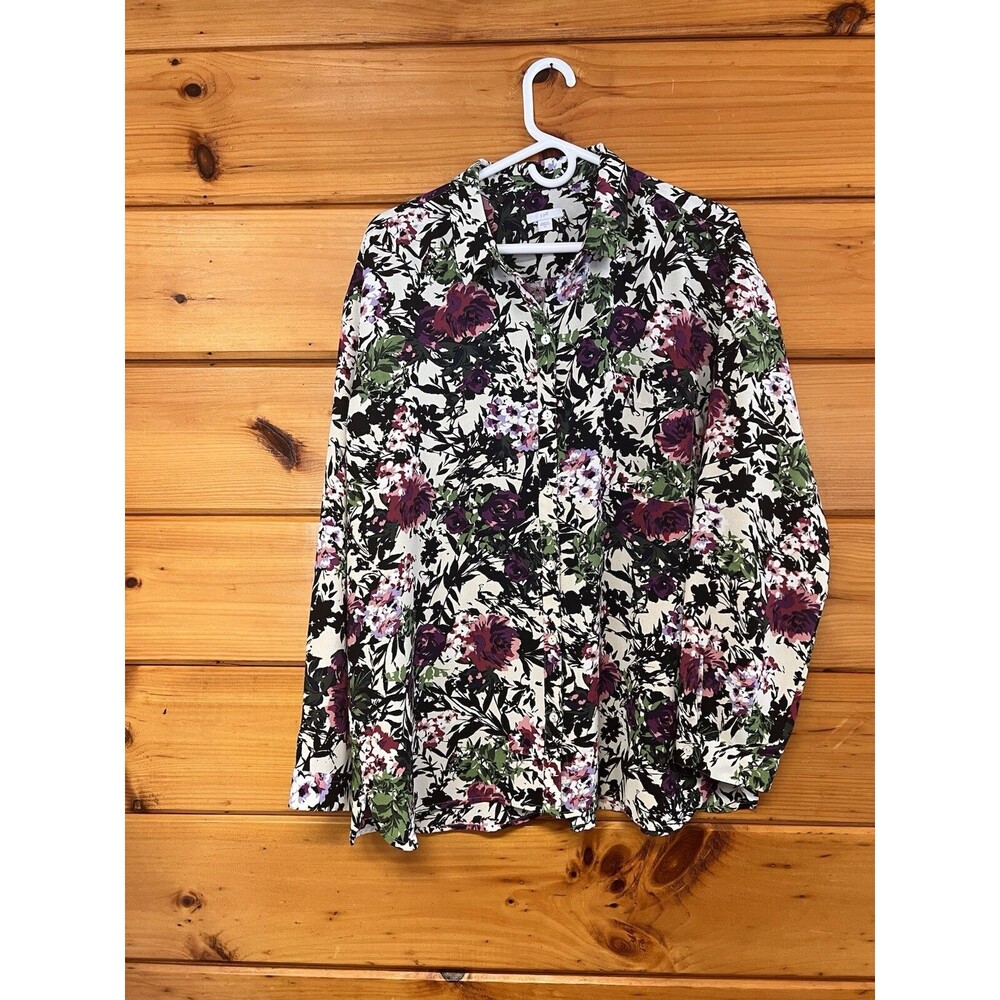 J Jill Women’s Floral Button Up Blouse Shirt Top Long Sleeve Collared Neck Sz XL